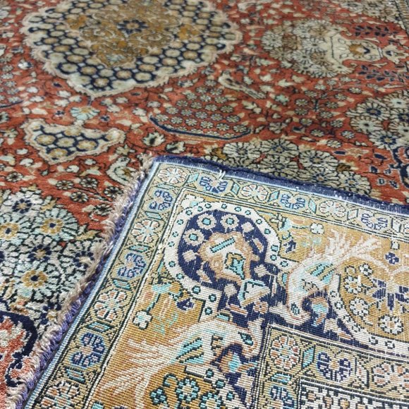 Rare 1945 Semi Antique Persian Qum 483 KPSI Red Khaki Black 5x3 100% Silk Rug - Picture 3 of 6